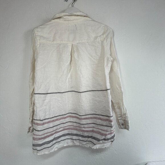 Tahari Womens Long-Sleeve Striped Linen Tunic Top V-Neck Collar Cream White - Picture 2 of 6